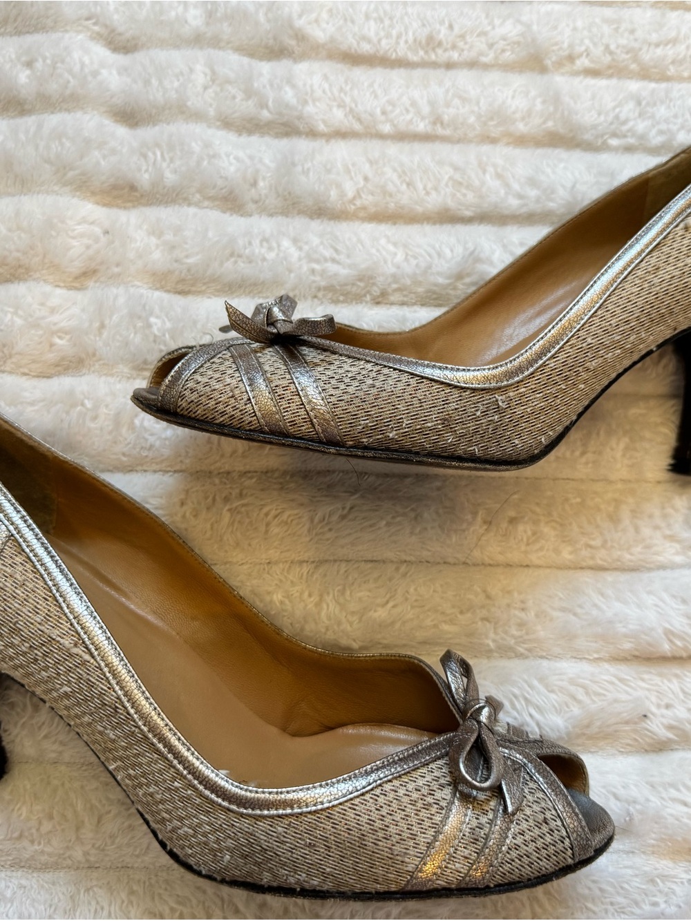 Stuart Weitzman Metallic Pewter Peep-Toe Heels with Bow